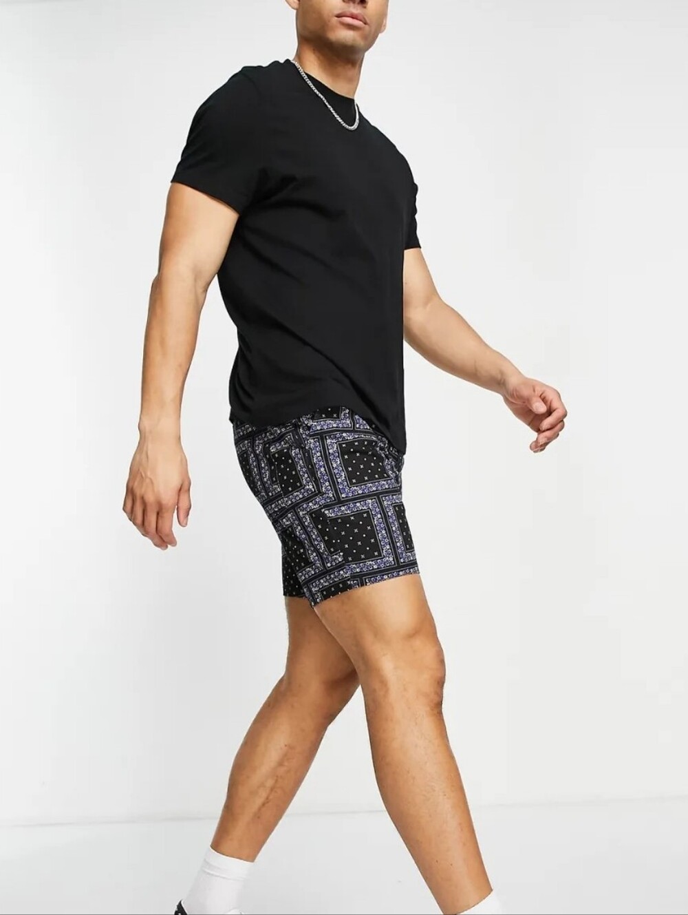 ASOS Design Mens Slim Paisley Print Shorts Black And Blue